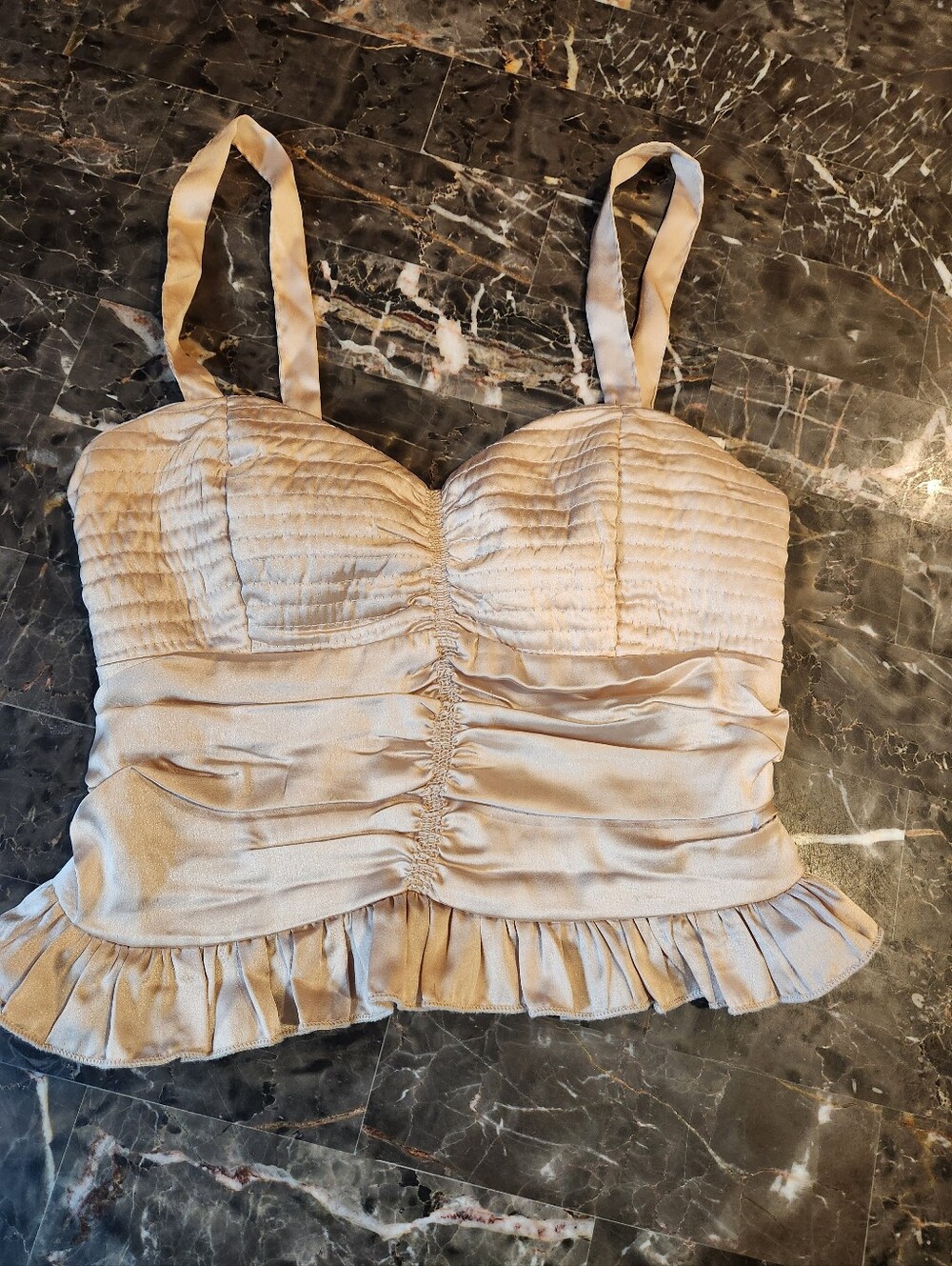 Satin Ruched Ruffle Crop Top - Cream
